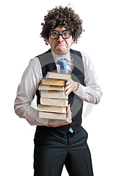 Crazy nerd professor with books isolated on white background