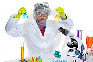 Crazy nerd scientist silly man on chemical laboratory