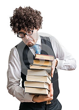 Crazy nerd student with many books isolated on white background