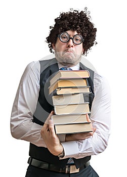 Crazy nerd student with many books isolated on white background