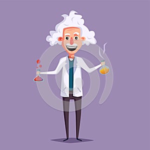 Crazy old scientist. Funny character. Cartoon vector illustration