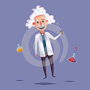 Crazy old scientist. Funny character. Cartoon vector illustration