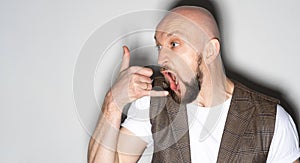 crazy phone screaming man sneering face theatrical photo