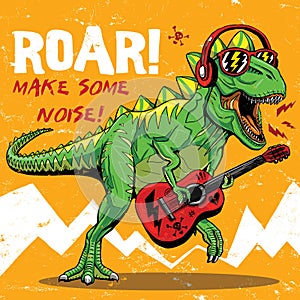 Crazy punk cartoon t rex dino character rocking guitar funny illustration wall art t shirt graphic design