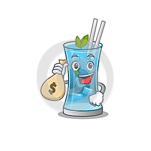 Crazy rich blue hawai cocktail mascot design having money bags