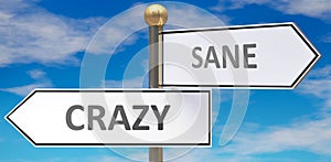 Crazy and sane as different choices in life - pictured as words Crazy, sane on road signs pointing at opposite ways to show that