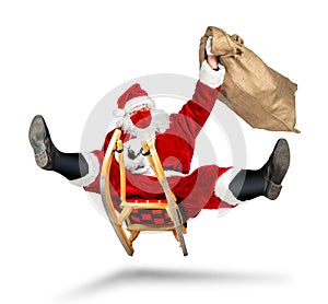 Crazy santa claus with covid-19 coronavirus face breathing mask on his sleigh big red gift bag  hilarious funny crazy xmas