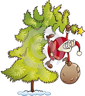 Crazy santa claus with sack on christmas tree