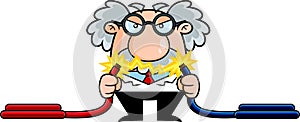Crazy Science Professor Cartoon Character Holding Electric Cables With Electricity Spark