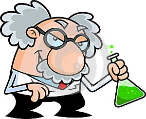 Crazy Science Professor Cartoon Character Holding Flask Solvent