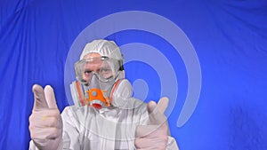 Crazy scientific virologist in respirator. Slow motion. Man close up look, wearing protective medical mask. Covid-19