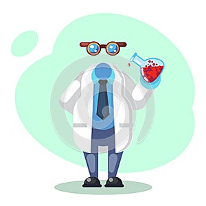 Crazy scientist is conducting a scientific experiment. Funny character. Cartoon vector illustration. Mad professor