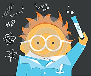 Crazy scientist in glasses with a bulb