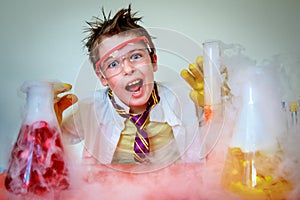 Crazy scientist performing experiments in lab