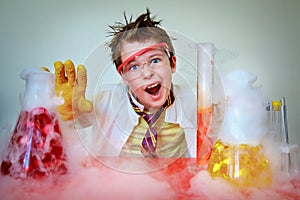 Crazy scientist performing experiments in lab