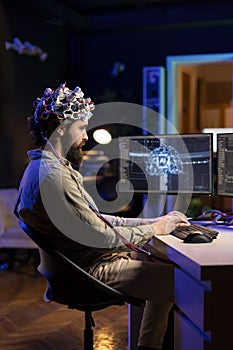Crazy scientist using neuroscientific tech to gain superintelligence