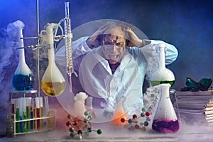 Crazy scientist yelling in his lab