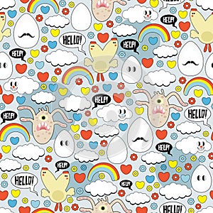 Crazy seamless pattern with eggs and monsters.