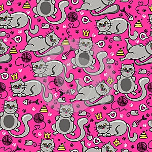 Crazy seamless pattern with funny cat and shit.