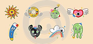 Crazy sticker vector set. Abstract comic character with big angry eye in trendy hand drawn style