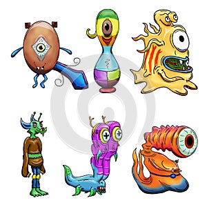 Crazy strange space alien or creature set of 6. Original colored illustrations