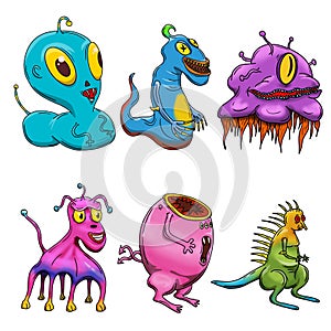 Crazy strange space alien or monster set of 6. Original colored illustrations