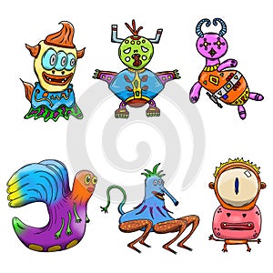 Crazy strange space alien or monster set of 6. Original colored illustrations