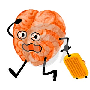 Crazy stress brain with luggage running around digital painting illustration cartoon
