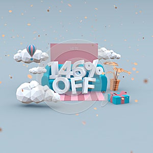 Crazy super sale or clearance concept. 146 percent off 3d design in cartoon style.