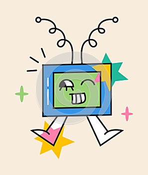 Crazy TV sticker vector. Abstract comic character with big angry eye