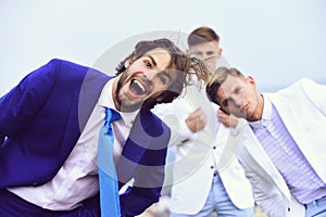 Crazy work. happy man and twins guys in outfit, agile business, success