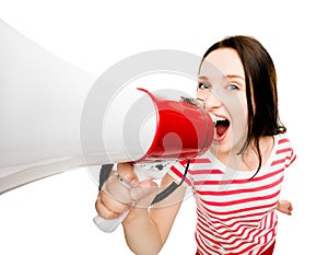 Crazy young woman shouting megaphone pretty cute isolated on white