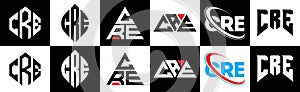 CRE letter logo design in six style. CRE polygon, circle, triangle, hexagon, flat and simple style with black and white color