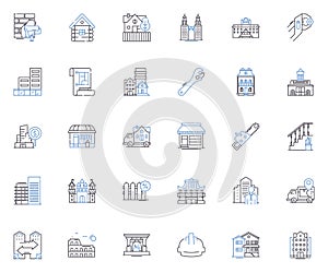 CRE tech line icons collection. Efficiency, Innovation, Automation, Sustainability, Integration, Analytics, Mobility