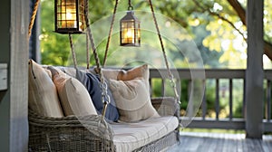 A creaking porch swing gently swaying in the breeze its ropes adorned with hanging lanterns. photo