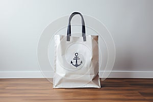 Cream beach tote bag with nautical themes on wooden and white wall background, empty space