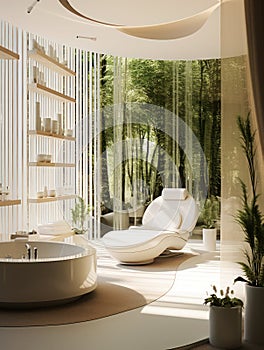 Cream beige color interior of spa salon in eco style, chair for procedures, bath, shelves with care cosmetics, green