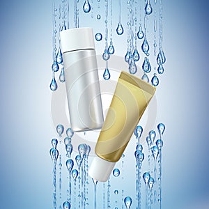 Cream bottle mock up in water splash on blue background.