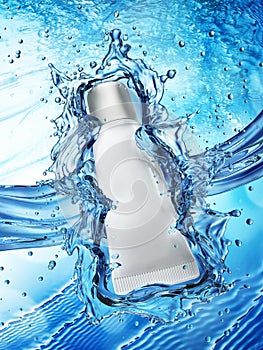 Cream bottle mock up in water splash on blue background.