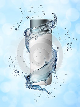 Cream bottle mock up in water splash on blue background.