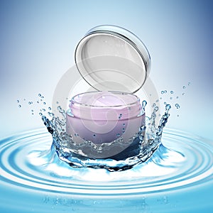 Cream bottle mock up in water splash on blue background.