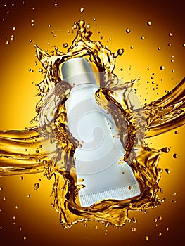 Cream bottle mock up in water splash of yellow color.