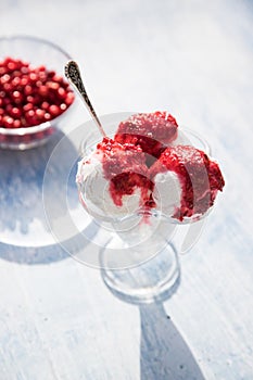 Cream bowl with three balls of ice cream and cranberry jam, berries in a transparent plate, long shadows from the dishes .