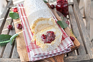 Cream cake with cherries - Swiss roll
