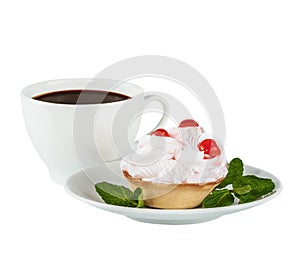 Cream cake with cherry on a white saucer