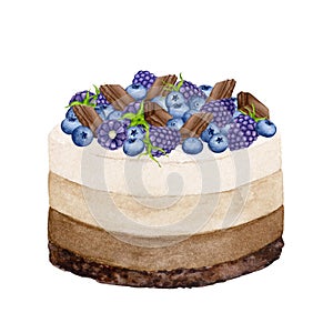 Cream cake with chocolate, decorated with berries. Watercolor holiday clipart