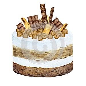 Cream cake decorated with chocolate, nuts and cookies. Watercolor holiday clipart
