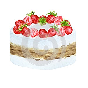 Cream cake decorated with strawberries. Watercolor holiday clipart