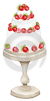 Cream cake on a stand decorated with strawberries. Watercolor holiday clipart