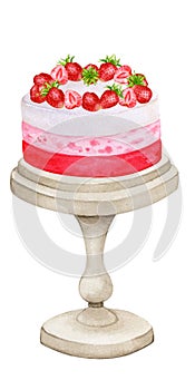 Cream cake on a stand decorated with strawberries. Watercolor holiday clipart